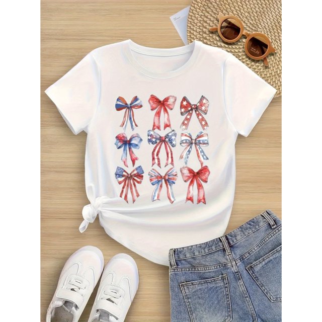 Patriotic American Flag Bowknot Print Cotton Youngsters T-Shirt - Soft Short Sleeve Crew Neck Tee with Red White Blue Bows, Machine Washable for Independence Day & Casual Wear, American Flag Clothes