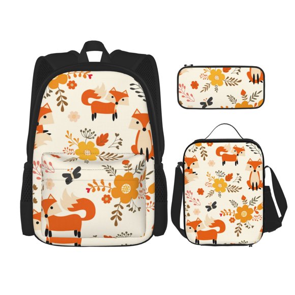 Gaeub Flower Fox Printed Large Capacity Backpack Lunch Bag Pencil Case Combination 3 Piece Set, School Daypack for Boys and Girls