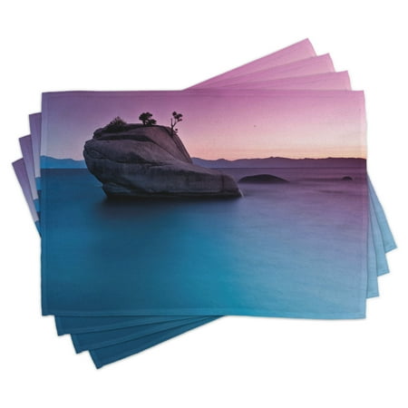 

Nature Placemats Set of 4 Bonsai Rock in Lake Tahoe Tropical Surreal Scenery Exotic Vivid Colors Artwork Washable Fabric Place Mats for Dining Room Kitchen Table Decor Purple Grey Blue by Ambesonne