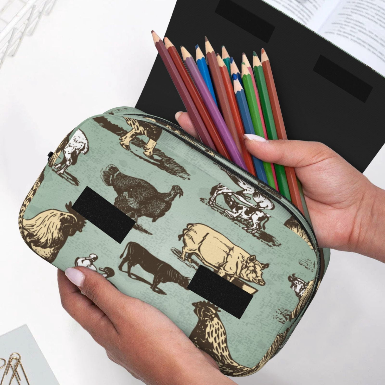 Rateoe Vintage Farm Animals Pattern Double Clamshell Pen Case, Storage Organizer with Two Zipper Compartments– Holds Up to 50 Pencils & Pens