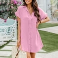 thumbnail image 4 of Wycnly Formal Dresses for Women Beach Casual Button Down Lapel Loose Shirt Short Dresses Short Sleeve V-Neck Solid 2024 Summer Mini Dress Pink m, 4 of 7