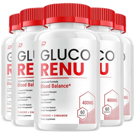 Gluco Renu Capsules – GlucoRenu Pills Advanced Supplement, All Natural, Gluo Renew Maximum Strength Formula, Glycogen Support, 5 Pack, 300 Capsules
