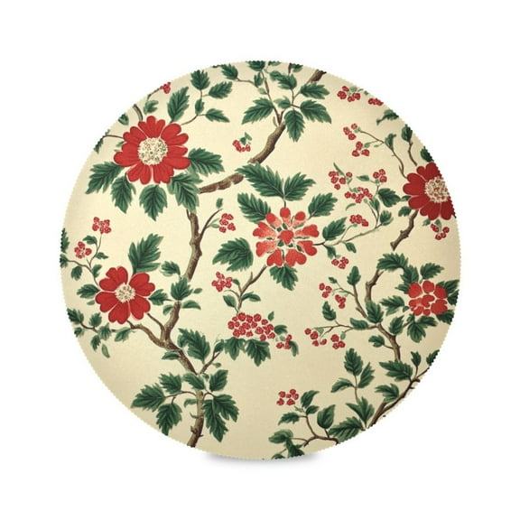 WOBOGO Red Flowers and Green Leaves Pattern Round Placemats Set of 6 Heat Resistant Washable Kitchen Table Decorations 15.4in
