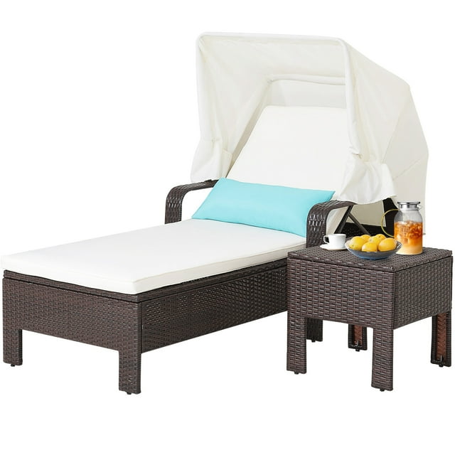 Costway 2PCS Patio Chaise Longue en Rotin Chaise Longue avec Table d'Appoint Pliante Coussin Coussin