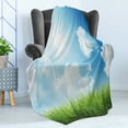 thumbnail image 4 of Sky Soft Flannel Fleece Blanket, Sunny Day Image with Green Grass Sun Rays Clouds Beauty of Nature Country Meadow, Cozy Plush for Indoor and Outdoor Use, 70" x 90", Blue Green White, by Ambesonne, 4 of 5