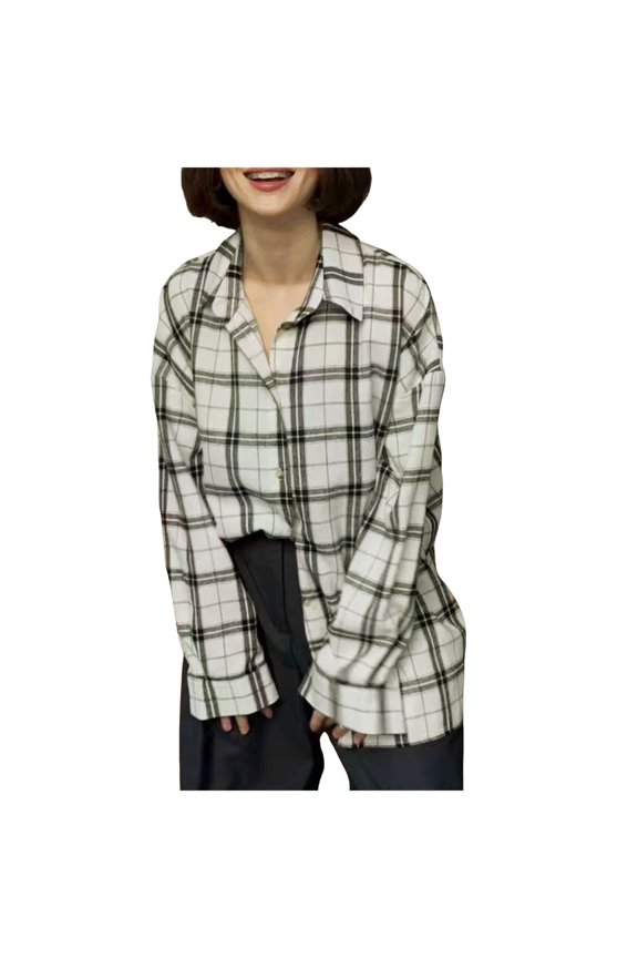 Women Shacket Jacket Long Sleeve Button Down Casual Plaid Flannel Shirts Loose Fall Spring Blouses Tops(White,XL)