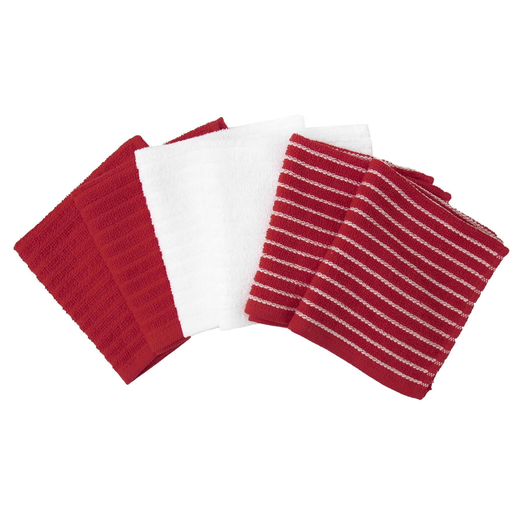RITZ Cotton Terry Horizontal Stripe Bar Mop Dish Cloth Set, 6-Pack, Red, 12” x 12”