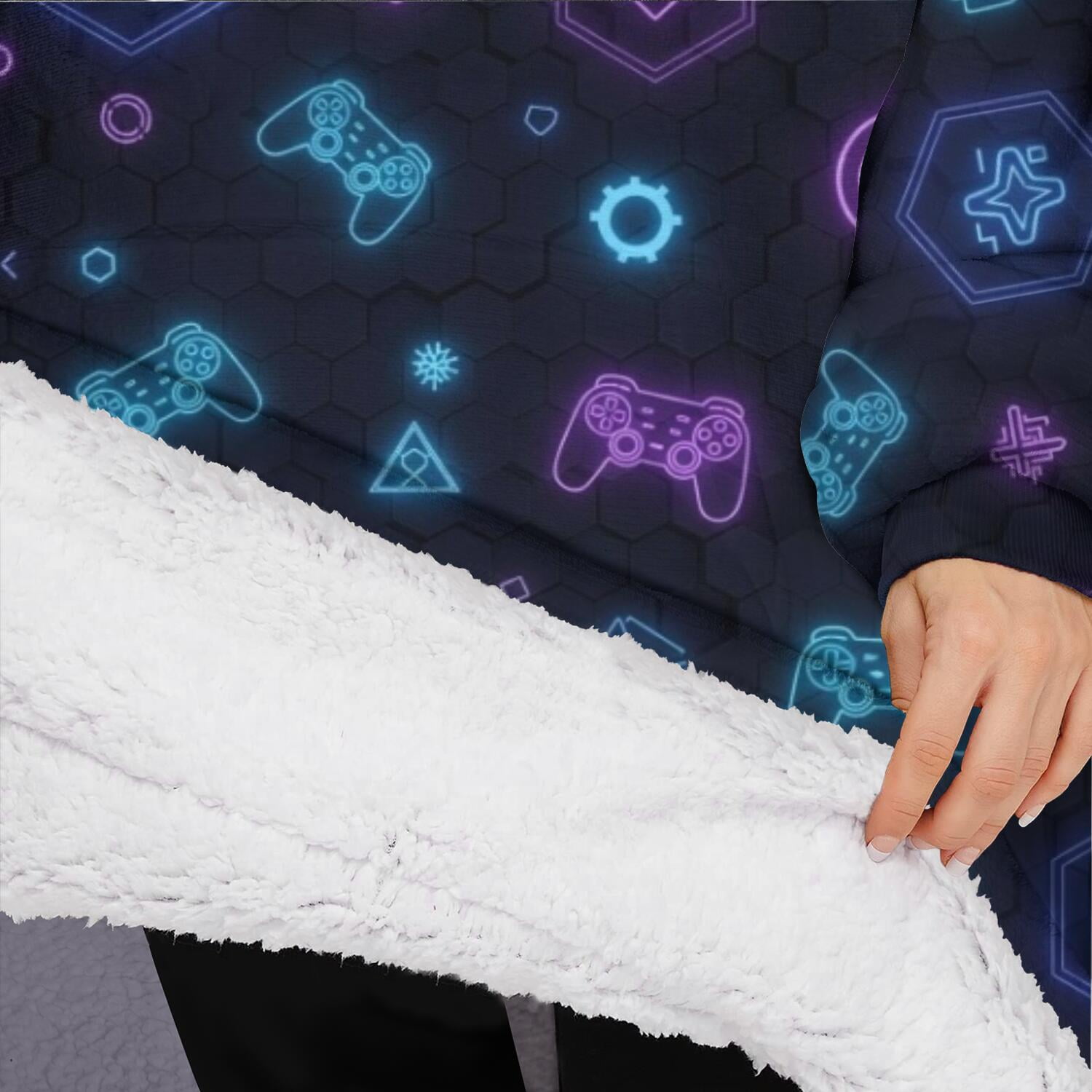 Oversized Wearable Blanket Hoodie,Neon Controllers Games Icons Black Pattern Sherpa Blanket Hoodie with Super Pockets,Super Warm Fuzzy Pullover for Women & Men