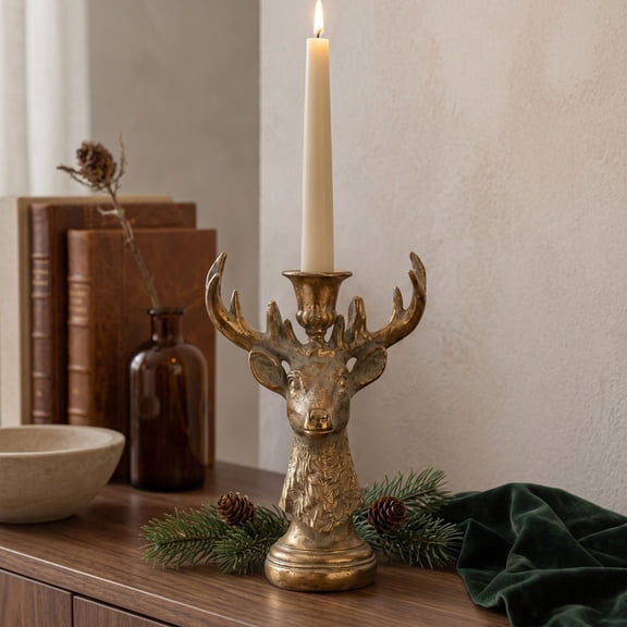 10 Inch Vintage Deer Head Taper Candle Holder Rustic Antique Gold Tabletop Candlestick for Halloween Dining Holiday Home Decor