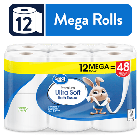Great Value Ultra Soft Toilet Paper, 12 Mega Rolls, Compare to Charmin® Ultra Soft™