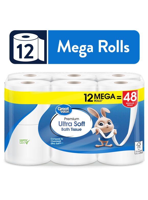 Great Value Ultra Soft Toilet Paper, 12 Mega Rolls