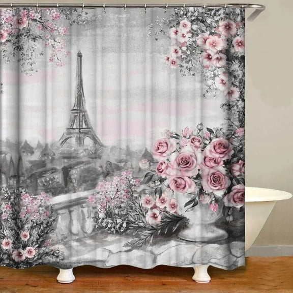 Vintage Paris ry Shower Curtain Tower Pink Rose Flower Painting Spring Bathroom Decor Waterproof Screen With