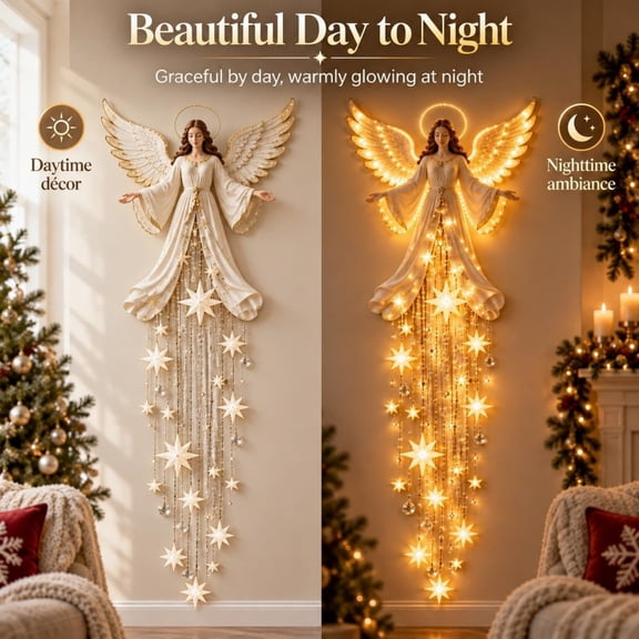 33" Lighted Angel Wall Decor, Christmas Hanging Angel Wall Art with Warm Led Lights, Golden Star Tassel Wall Hanging Ornament for Living Room Fireplace Xmas Home Decoration