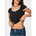 thumbnail image 5 of KelaJuan Women's Lace Trim Crop Tops Short Sleeve Solid Color Little Bow Slim Fit T-Shirts Aesthetic Clothes, 5 of 6