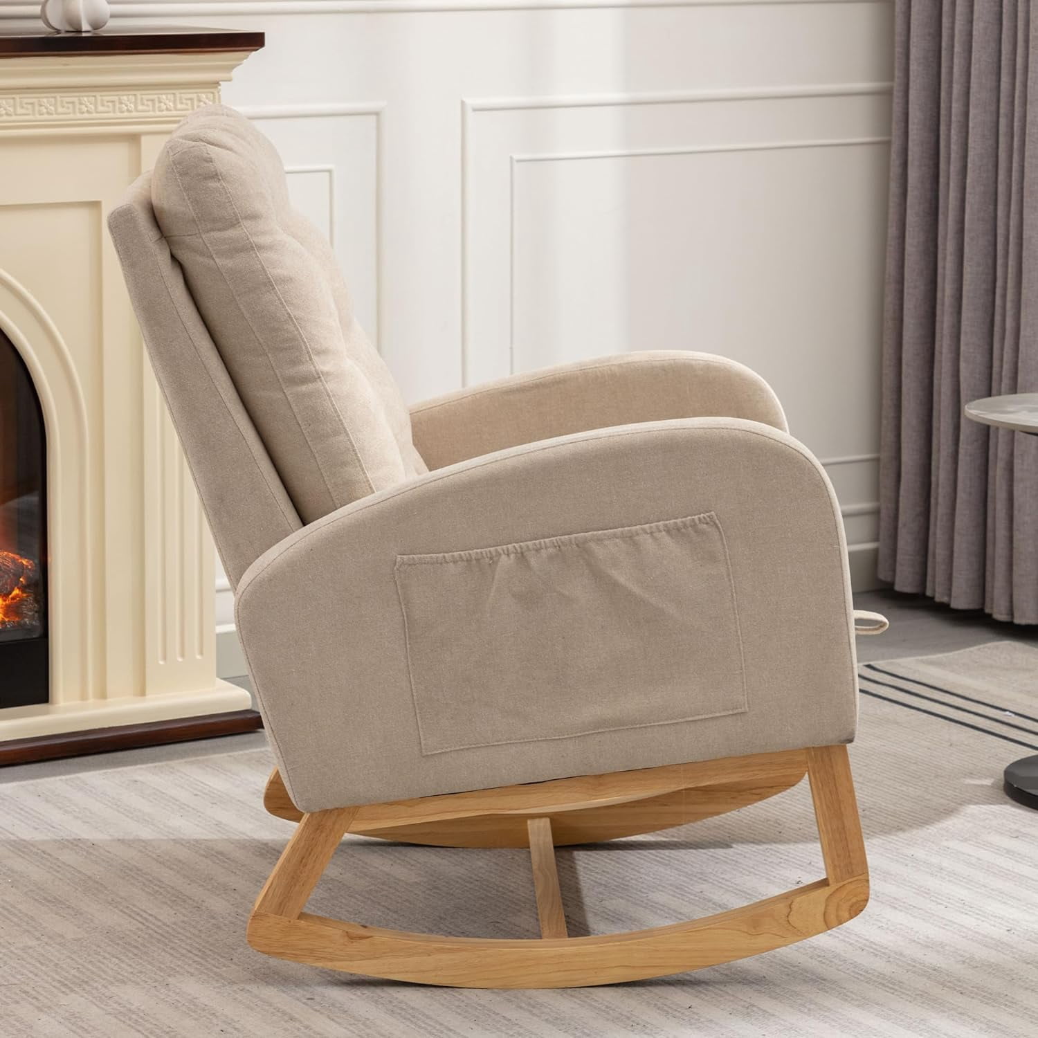 Rocking Chair with Retractable Foot Rest Glider Rocker Accent Chair Padded Seat with High Backrest Armchair Comfy Side Chair for Living Room Bedroom Offices (Beige)