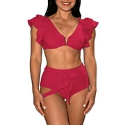 Swimsuit for Women Ruffled High-Waisted Deep V Push-Up Bikini Set