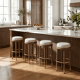 thumbnail image 3 of Guyou 26" Backless Counter Height Bar Stool Set of 2, Modern Round Linen Upholstered Stools, Farmhouse Wooden Kitchen Island Chairs for Restaurant Kitchen Bistro, Beige, 3 of 8