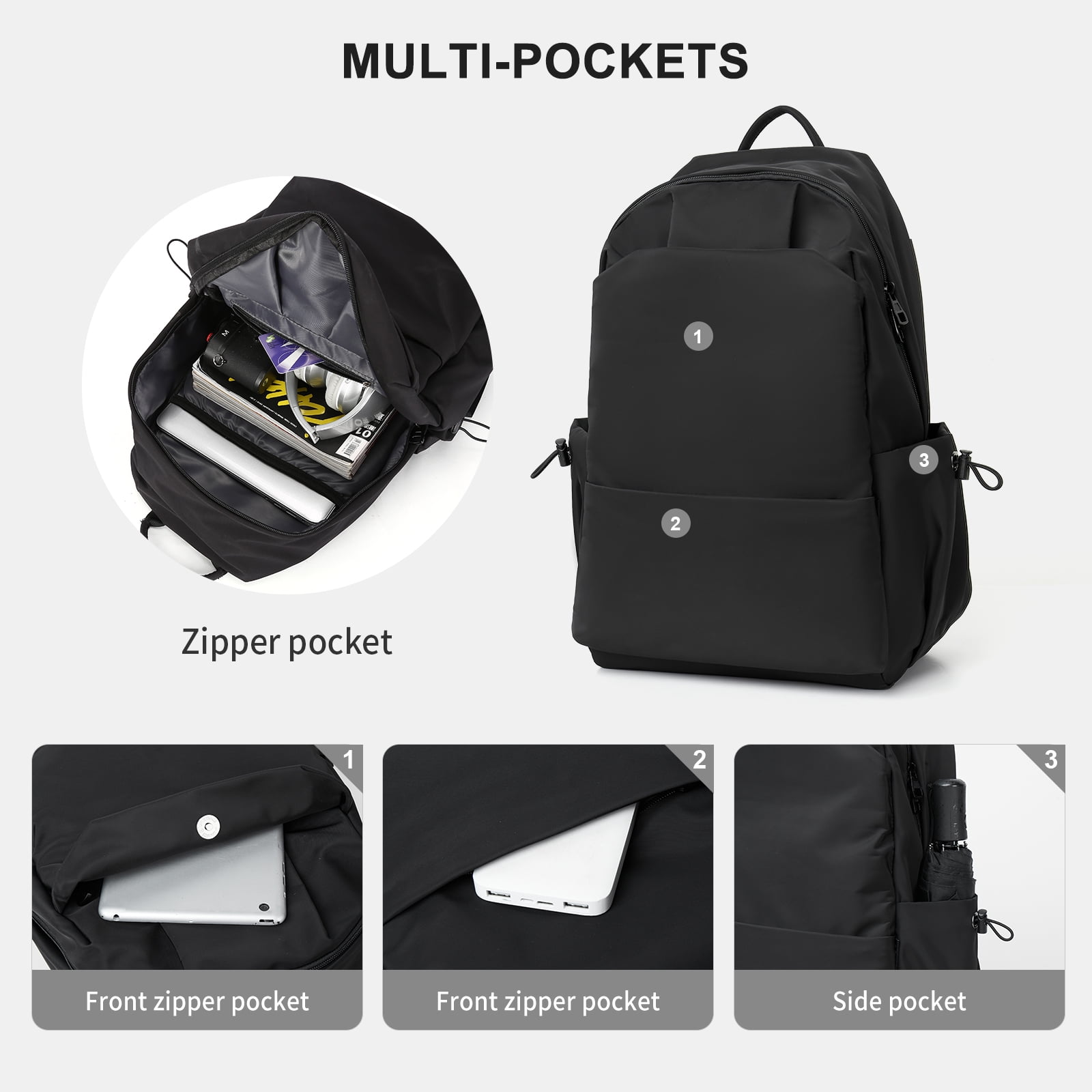 BJLFS Unisex Lightweight Water-Resistant Backpack, Black