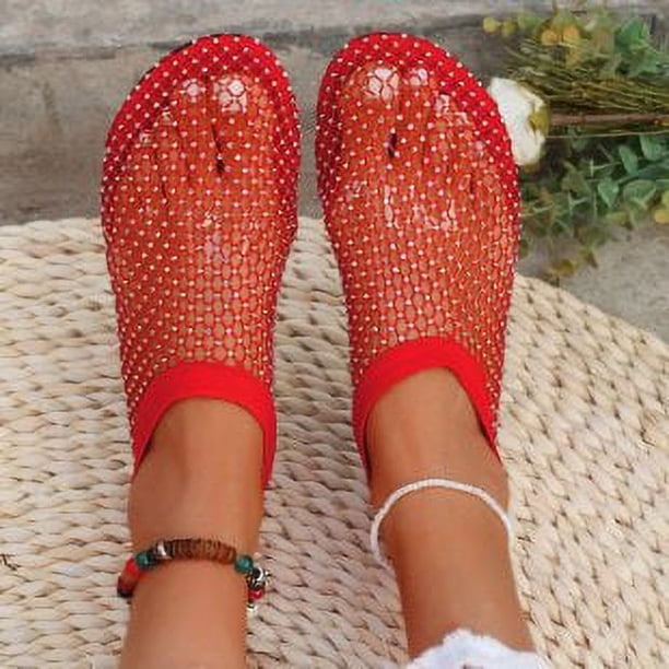 Sandalias de verano con punta redonda y botas cortas con diamantes de imitación, sandalias planas huecas sexis de talla grande para mujer