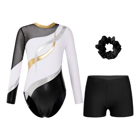 Alvivi Kids Girls Gymnastic Leotard with Athletic Shorts Hair Scrunchie Ballet Dance Outfits White&Black 10