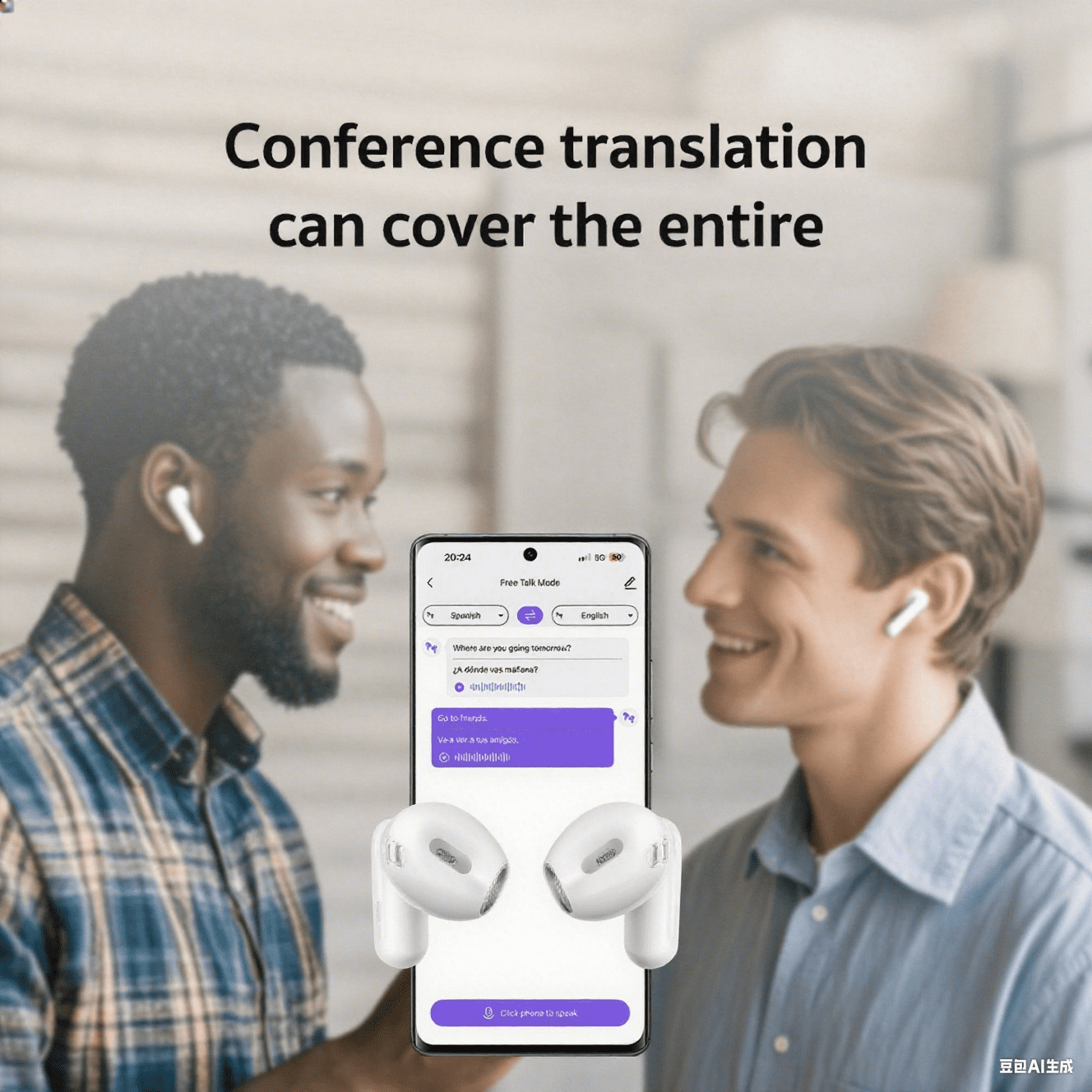 NE20 Wireless In-Ear Earbuds, AI Translator, Noise-Cancelling, LED Touch Screen, 130+ Languages, 24H, IPX5 Waterproof, Beige
