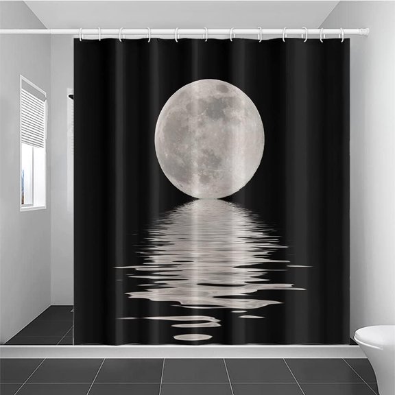 Black Waterproof Shower Curtain for Bathroom Decor Water Night Moon Fabric Cloth Bath Home Shower Curtains with Hooks 72x72 inches