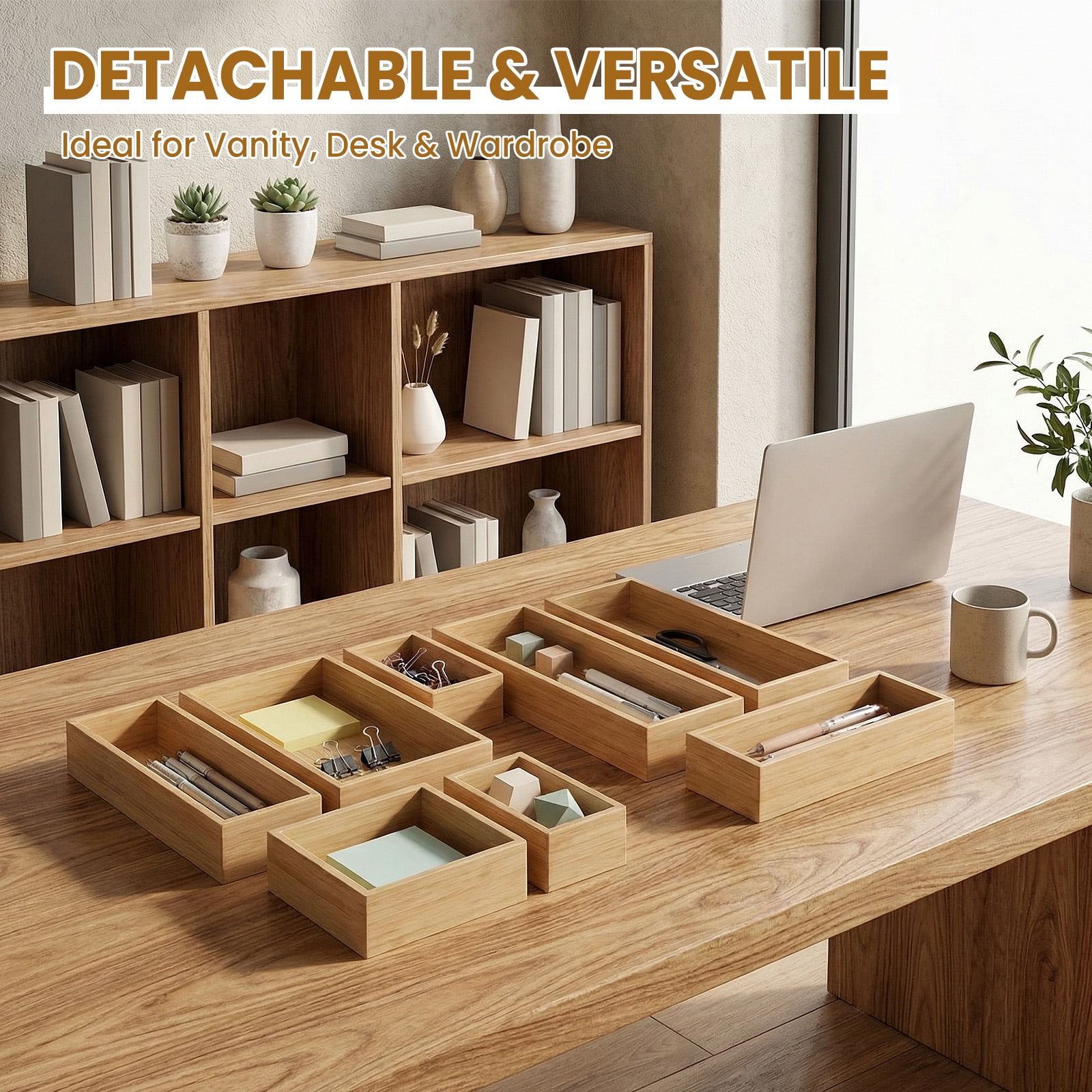 8-Piece Bamboo Drawer Organizer Set, 15x18 inch Wooden Storage Trays for Kitchen, Office & Vanity, Stackable & Expandable Drawer Dividers for Utensils, Jewelry, Makeup & Accessories