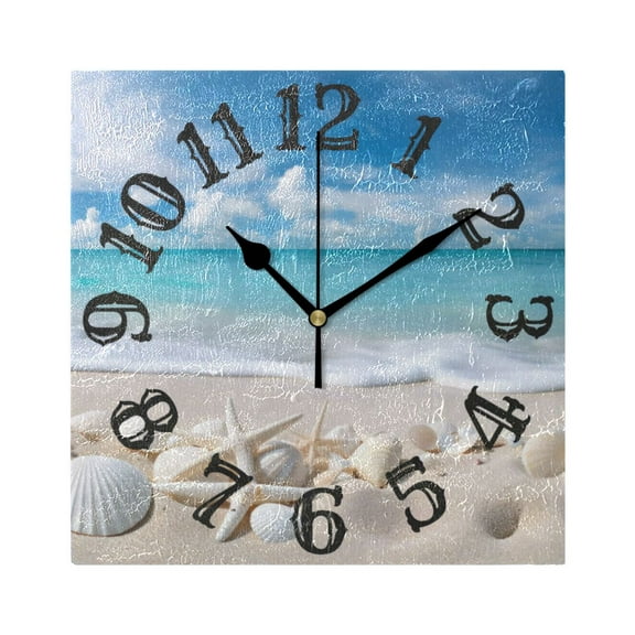 Beach Shells Sea Wall Clock Square Silent Non Ticking Battery Operated Clock for Home Bathroom Kitchen Bedroom Living Room