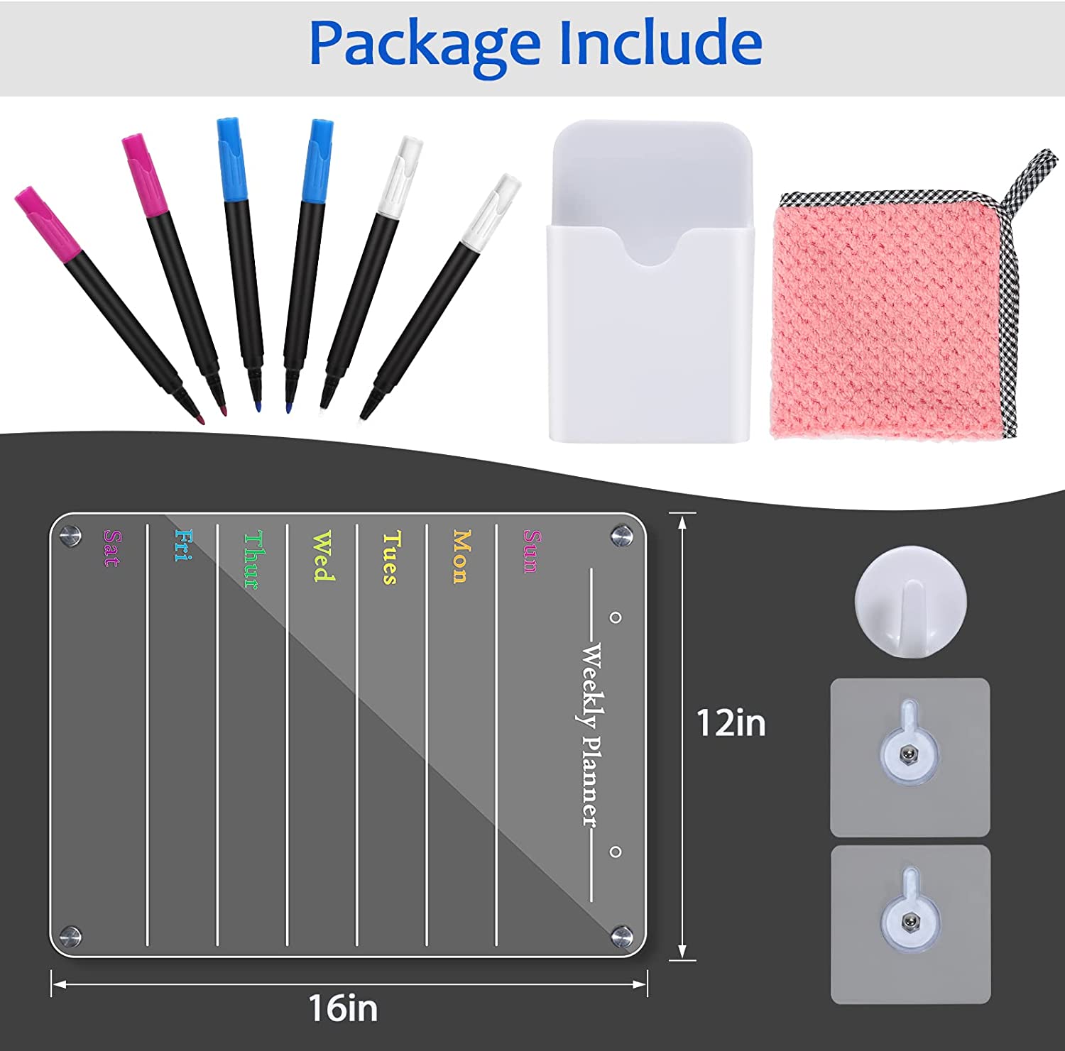 Weekly Planner Acrylic Magnetic Dry Erase Board, Adhesive Board with 6 Pens