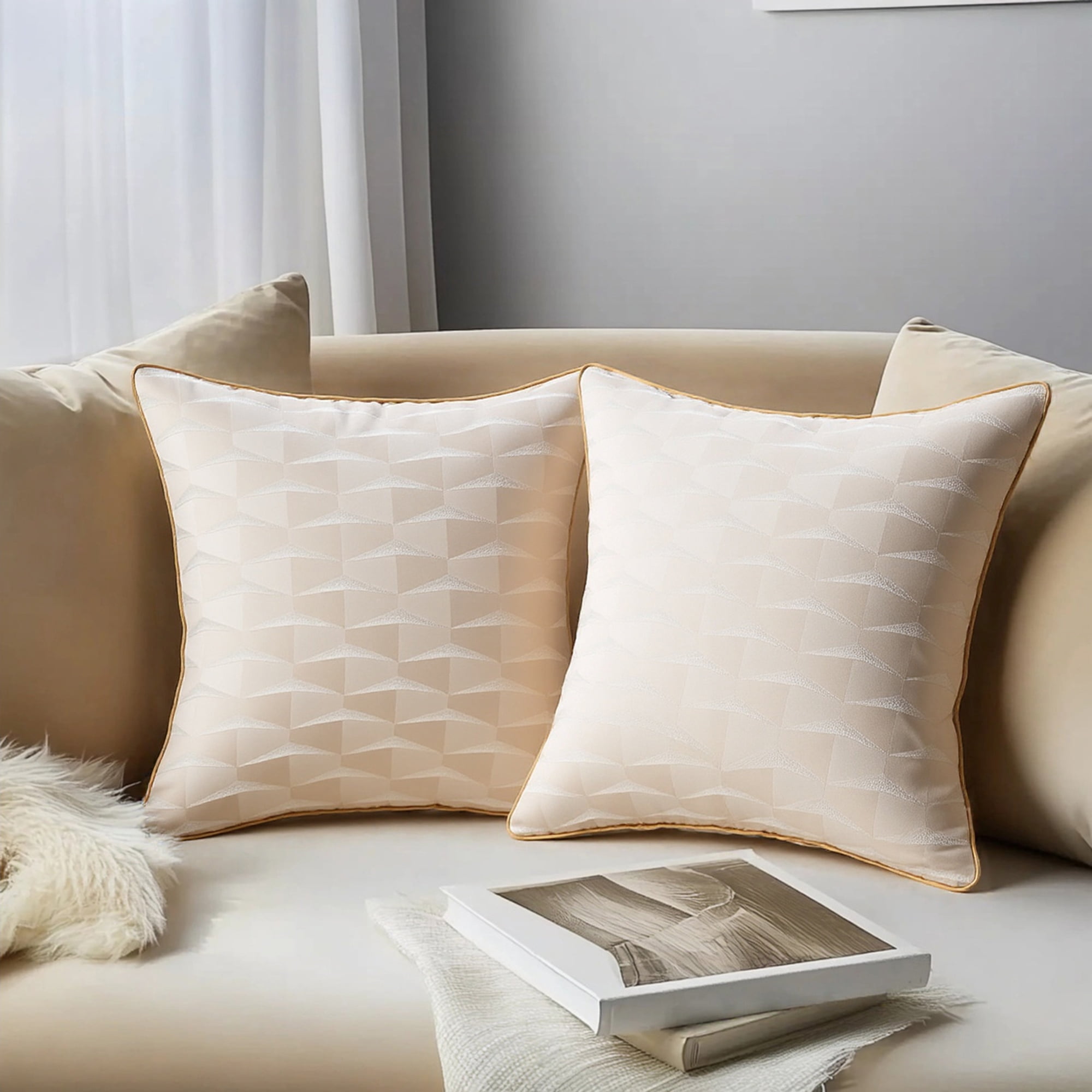 Unique Bargains 2pcs Satin Throw Pillow Covers for Sofa Bed Room Beige 18" x 18"