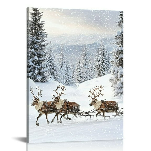 ONETECH Christmas Canvas Wall Art Prints Santa Claus with Reindeer Sleigh Art Poster Xmas Aesthetic Wall Decor for Gallery Living Room Bedroom 12x16 in