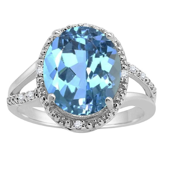Mauli Jewels Rings for Women 4.53 Carat Oval Shaped Blue Topaz and Diamond Ring 4-Prong 10K White Gold