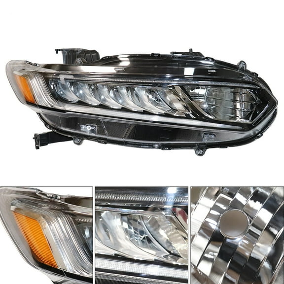 For 2018 2019 2020 Honda Accord Halogen Right Front LED Headlight Headlamp Replacement Right Passenger Side Clear Lens Chrome Housing