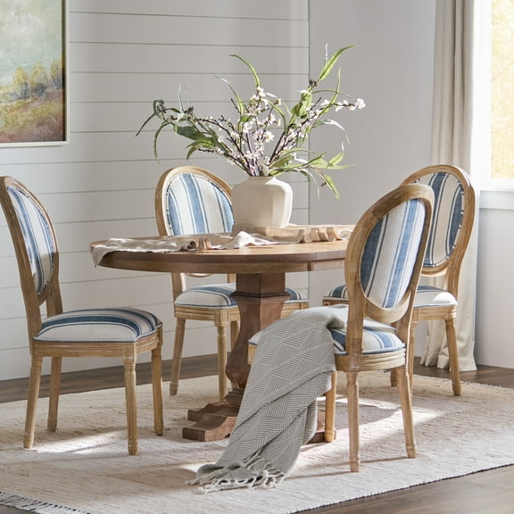 Noble House Dason Fabric and Wood 5 Piece Dining Set, Dark Blue Stripe and Natural