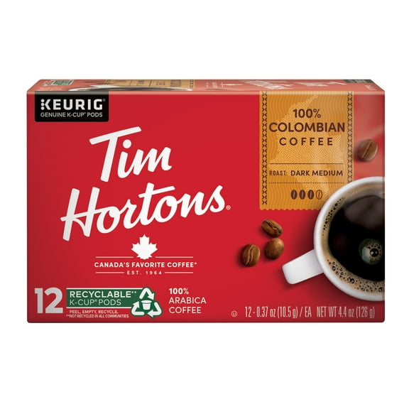 Tim Hortons Colombian Medium-Dark Roast K-Cup Coffee Pods for Keurig Brewers, Recyclable, 12 Ct