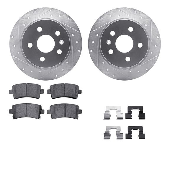 Dynamic Friction Company Rear Brake Rotors-Drilled and Slotted-Silver with 5000 Euro Ceramic Brake Pads includes Hardware 7612-45003