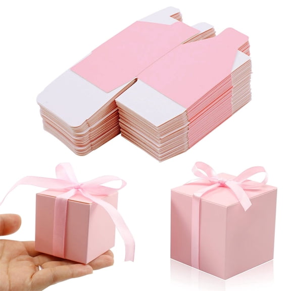 Scheam 30 Pcs Square Favor Boxes 2 inch Mini Candy Box Paper Gift Bags DIY Packaging Boxes Small Items Containers with Ribbons for Birthday Christmas Anniversary (Pink)