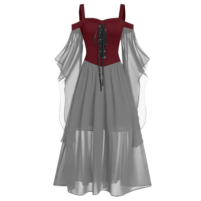 LINMOUA Women Plus Size Cold Shoulder Butterfly Sleeve Halloween Gothic Dress