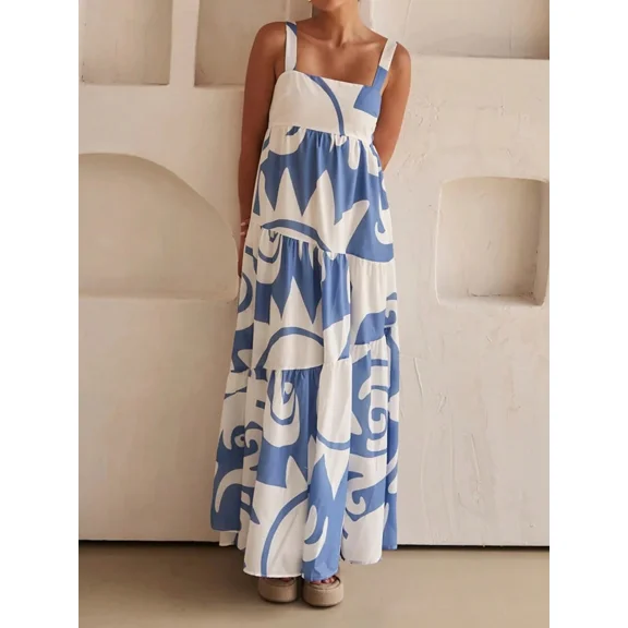 Random‑Print Flowy Maxi Slip Dress for Women, Versatile Elegant Long Casual Summer Vacation Outfit