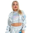 thumbnail image 3 of IBTOM CASTLE Women's Shiny Crop Top Hoodie Metallic Rave Casual Long Sleeve Hooded Pullover Workout Sweatshirt Disco Dance Clubwear XXL Holographic Silver, 3 of 8