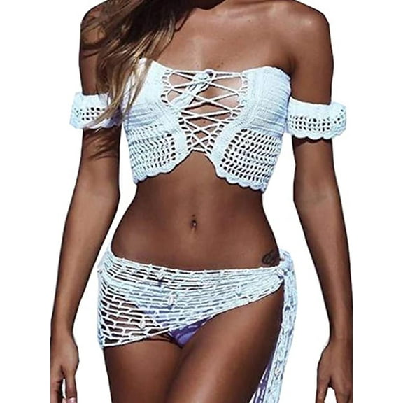 Women Crochet Beach Cover Up Sarong Wrap with Shells Fishnet Bikini Cover Up Swimwear Scarves
