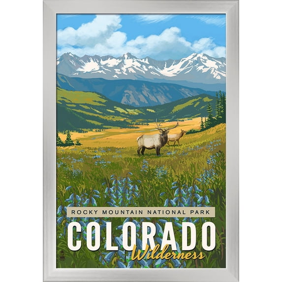 Rocky Mountain National Park - Colorado - Elk & Flowers - Lantern Press Artwork (16x24 Giclee Art Print, Gallery Framed, Silver Wood)