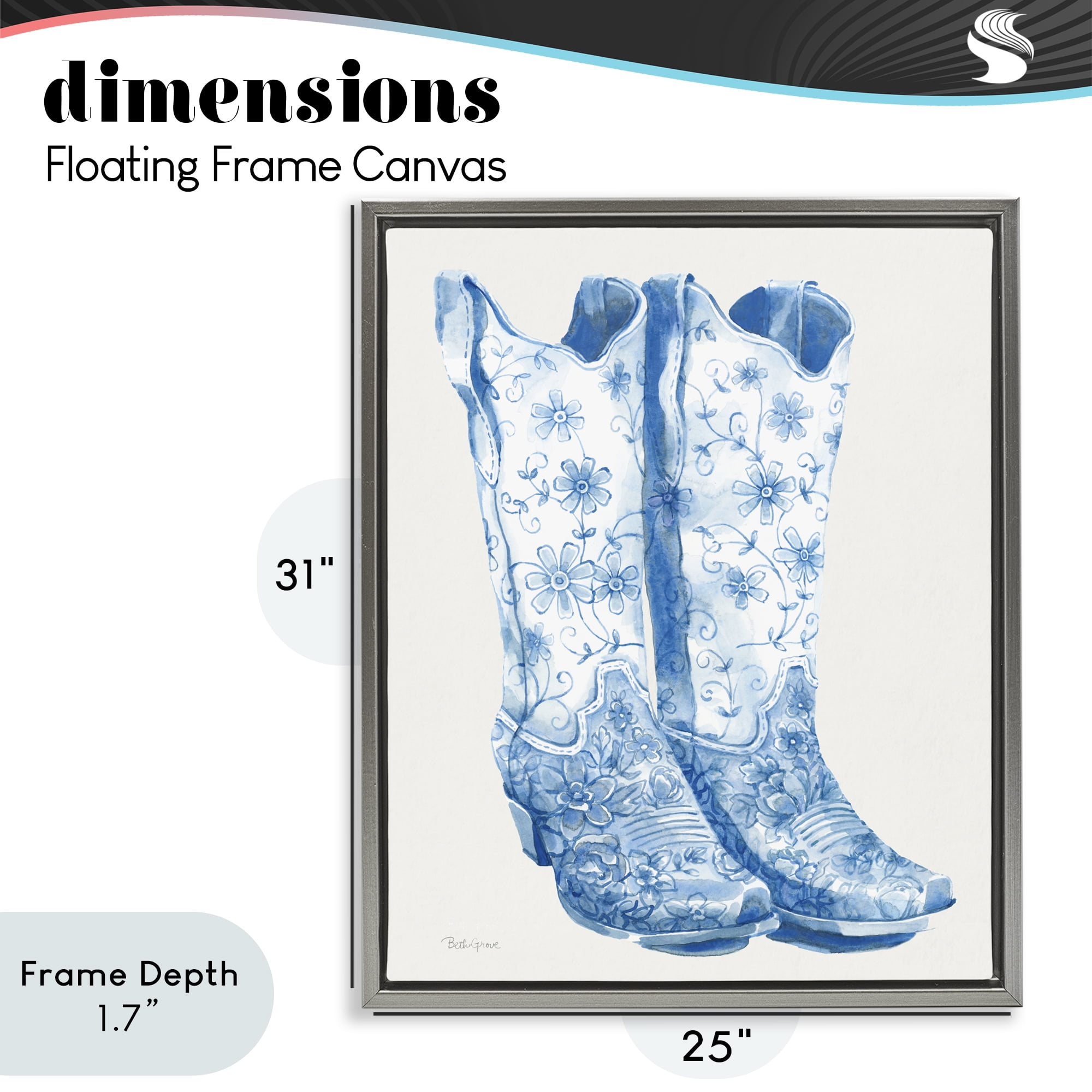 Stupell Industries Blue Boots with Floral Embroidery Gray Framed Floater Canvas Wall Art, design by Beth Grove