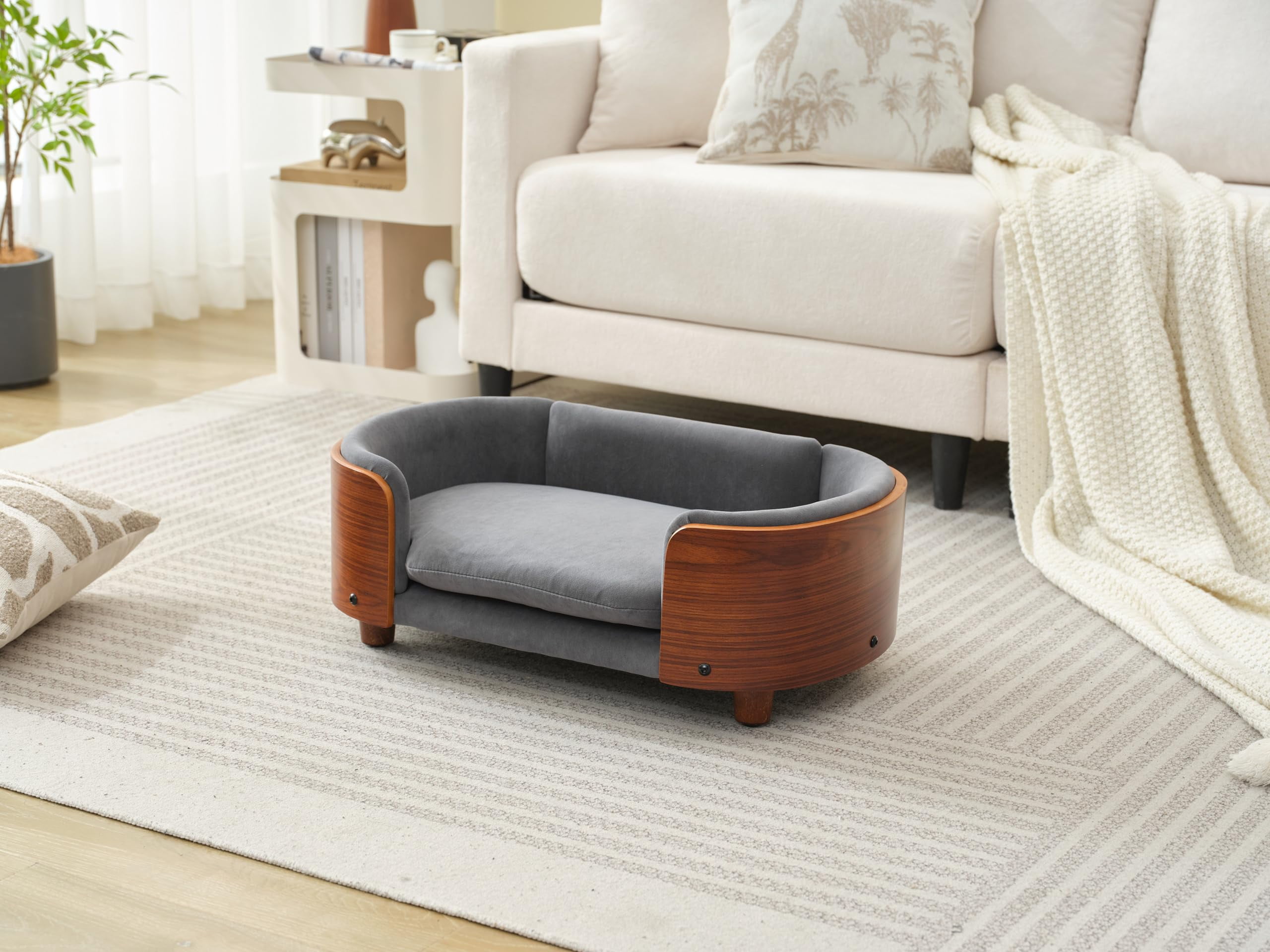 Scandinavian Style Elevated Dog Bed Pet Sofa with Solid Wood Legs and Bent Wood Back, Velvet Cushion, Small Size, Walnut Frame & Dark Grey Cushion