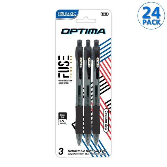 BAZIC Optima Black Oil Gel Ink Retractable Pen , 0.7 mm, (3/Pack), 24-Packs