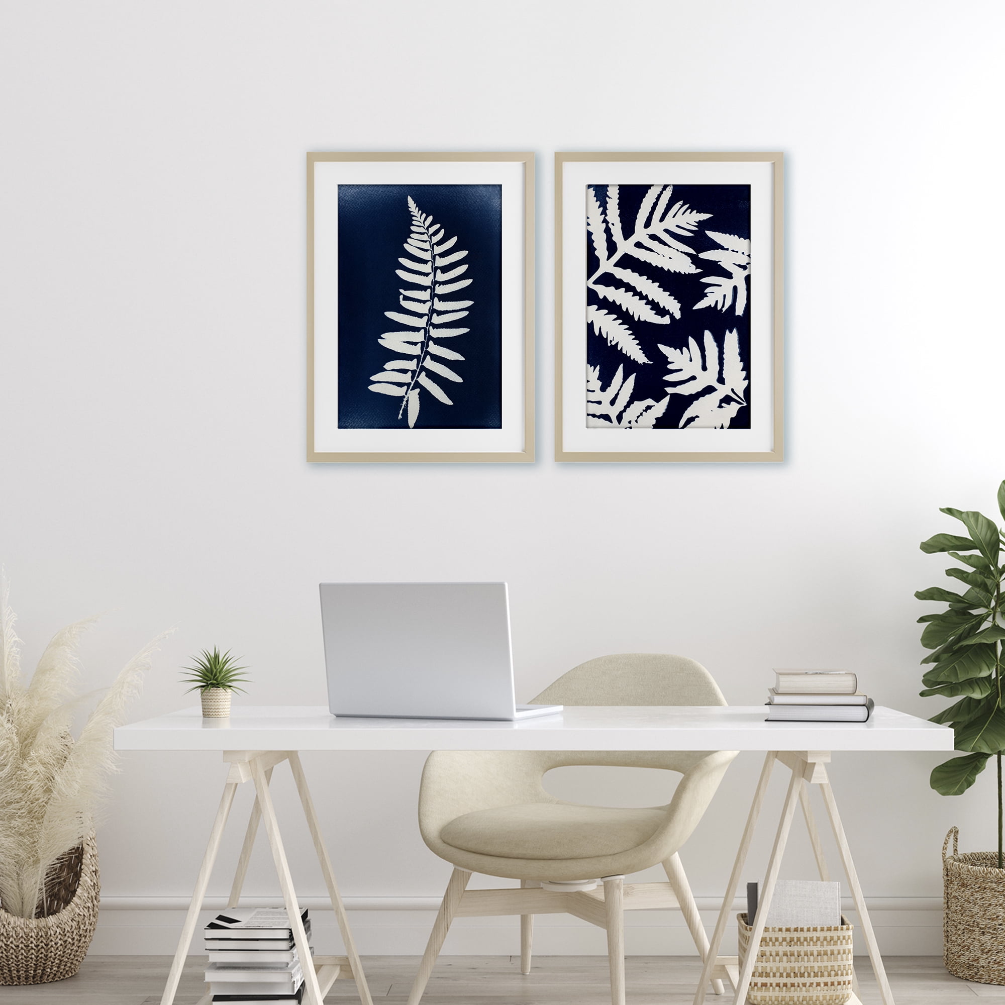 Stupell Industries Fern Leaves on Indigo 2 Piece Birch Framed Print Under Glass Set, design by Lynn Byrd