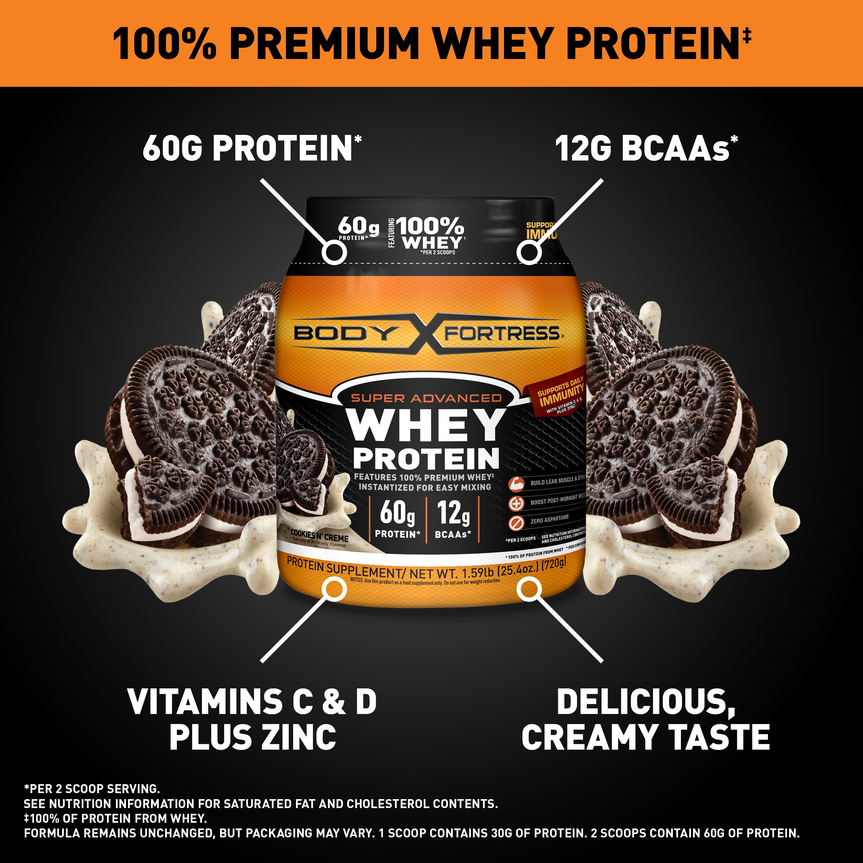 Body Fortress Super Advanced 100% Premium Whey Protein Powder, Cookies & Cream, 60g Protein, Immune Support , Vitamins C & D Plus Zinc, 1.59 lbs