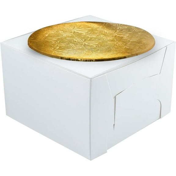 Cake Supplies 12” x 12” x 6” White Cake Box with 12” Gold Round Drum 1/4"