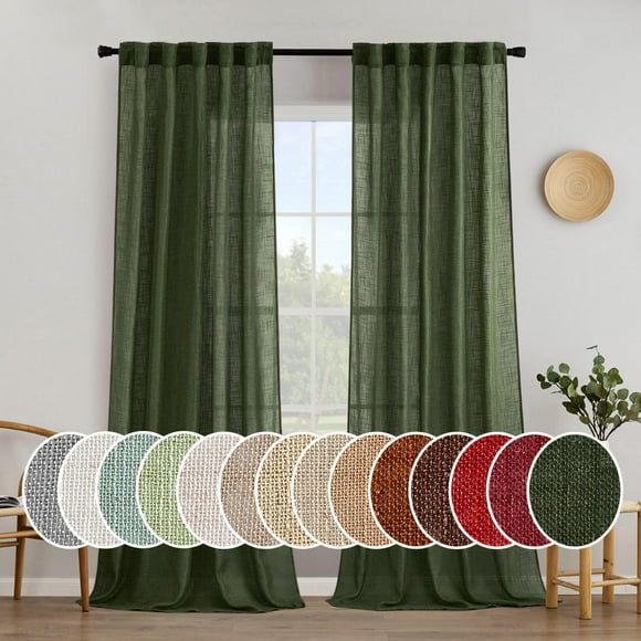 Cortinas MIULEE de lino verde oliva, 275 x 274 cm, 2 paneles