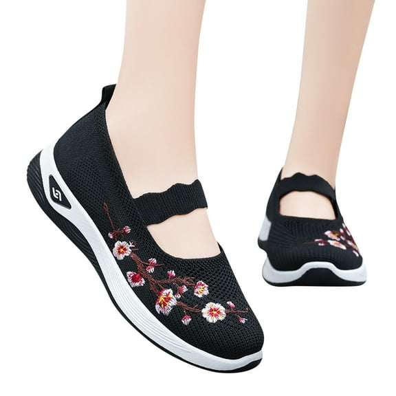 Mostsola Flats for Women Mary Jane Shoes Knit Mesh Embroidery Walking Shoes Comfortable Slip on Shoe